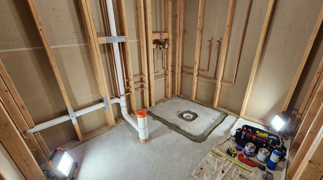Bathroom rough-in plumbing during remodel by Johns Plumbing LLC in Ossipee