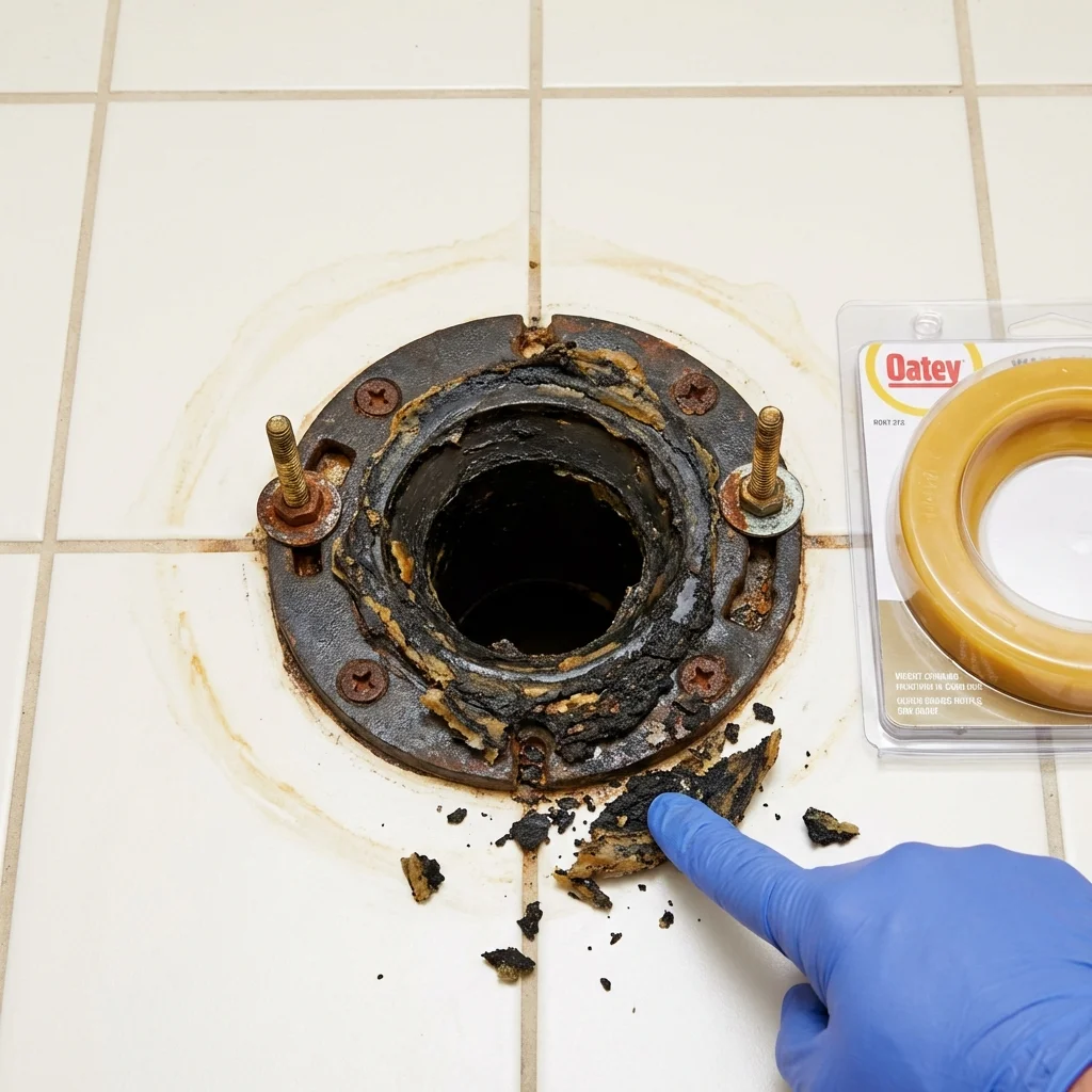 Failed wax ring showing water seepage at the base of a toilet in a Ossipee, NH home