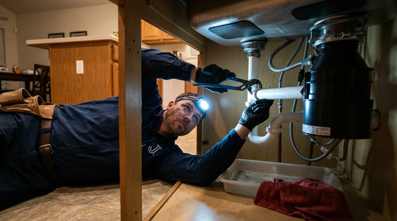 P-trap and supply line connections under a kitchen sink showing a common leak point in Ossipee, NH